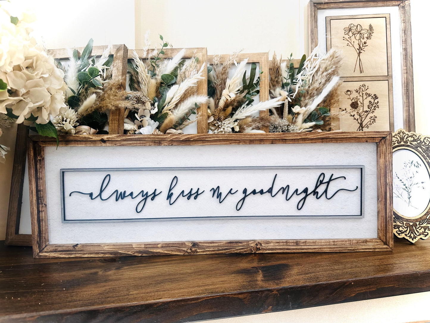 Farmhouse Bedroom Framed Wall art, Always Kiss Me Goodnight Framed Canvas sign, Modern Home Decor