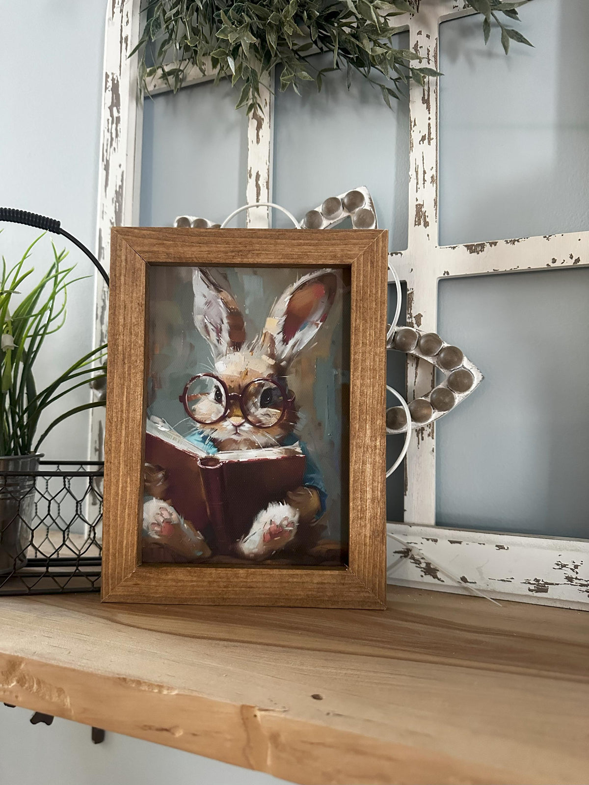 Whimsical Bunny Reading Art Print in Rustic Frame - Nursery Wall Decor