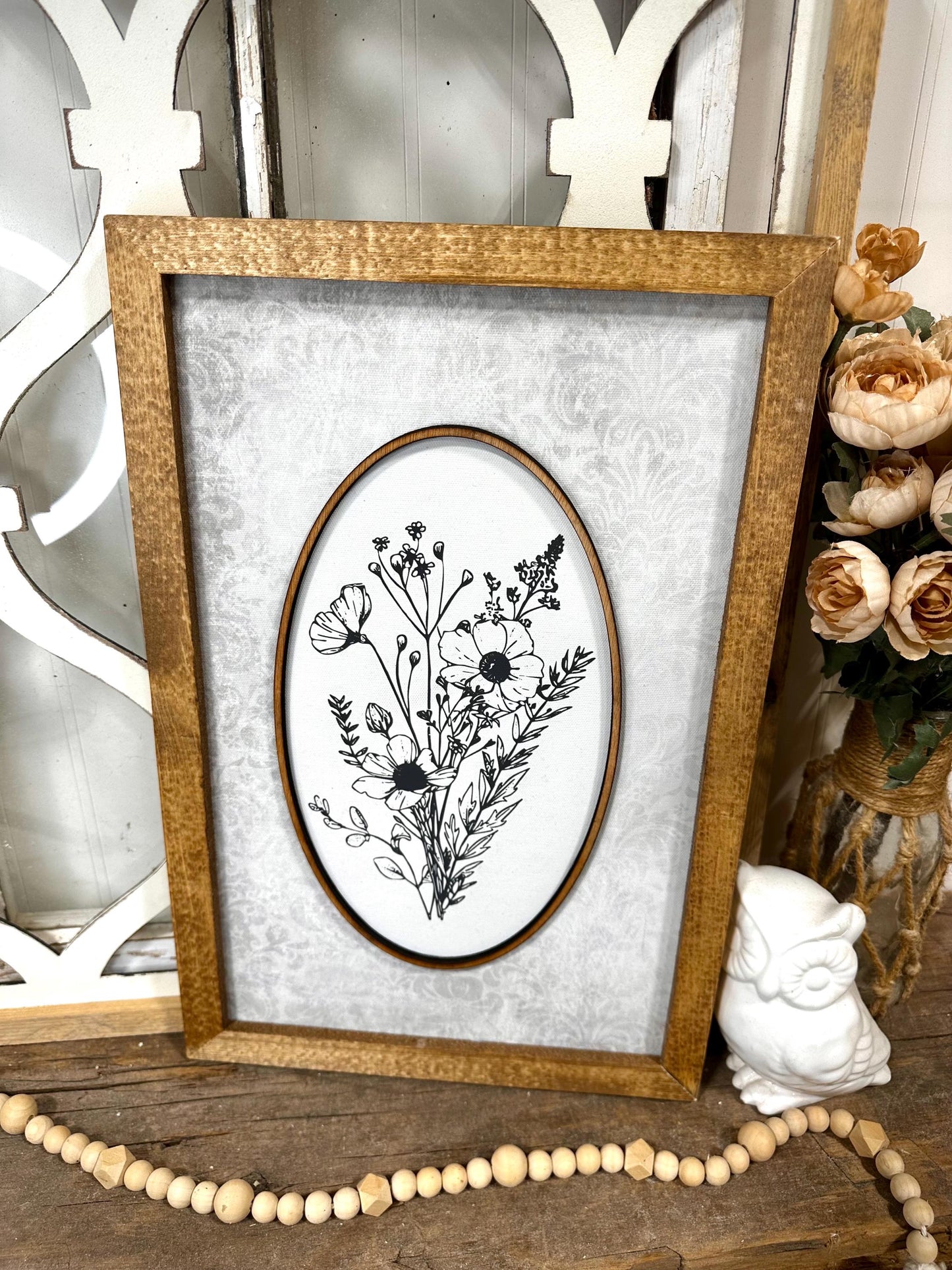 Boho farmhouse wood framed wall art, neutral home decor, floral living room and wall decor