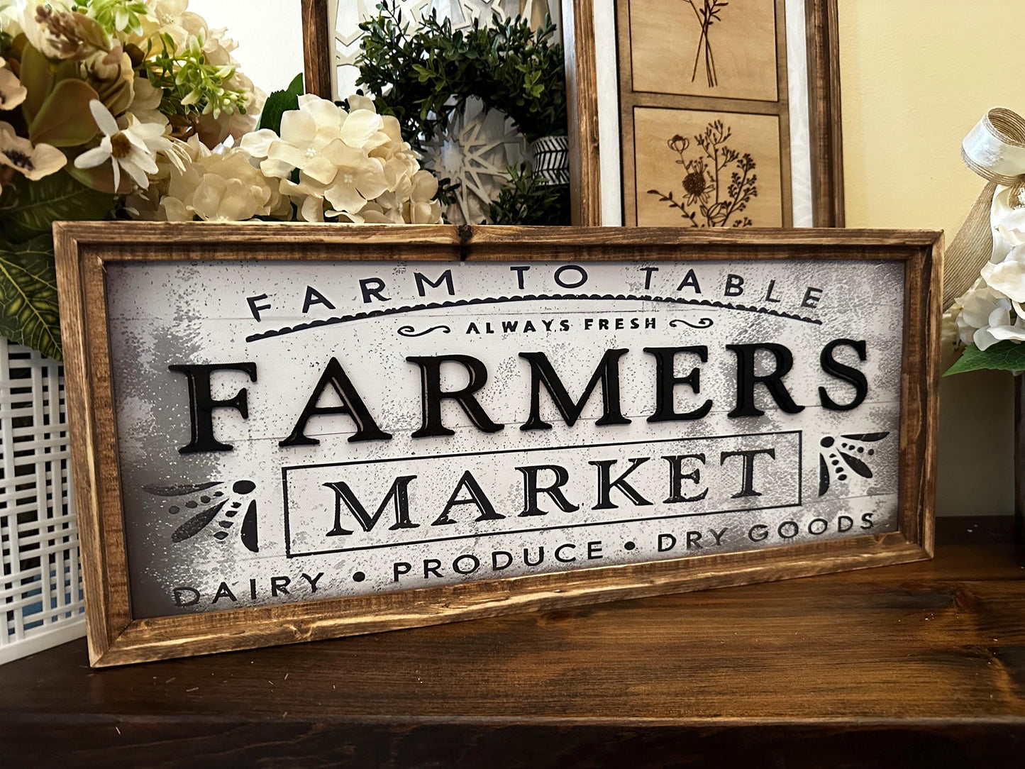 Farmhouse Antique Wood Framed Kitchen Sign | Farmers Market Horizontal Canvas Sign | Country Chic Framed Decor