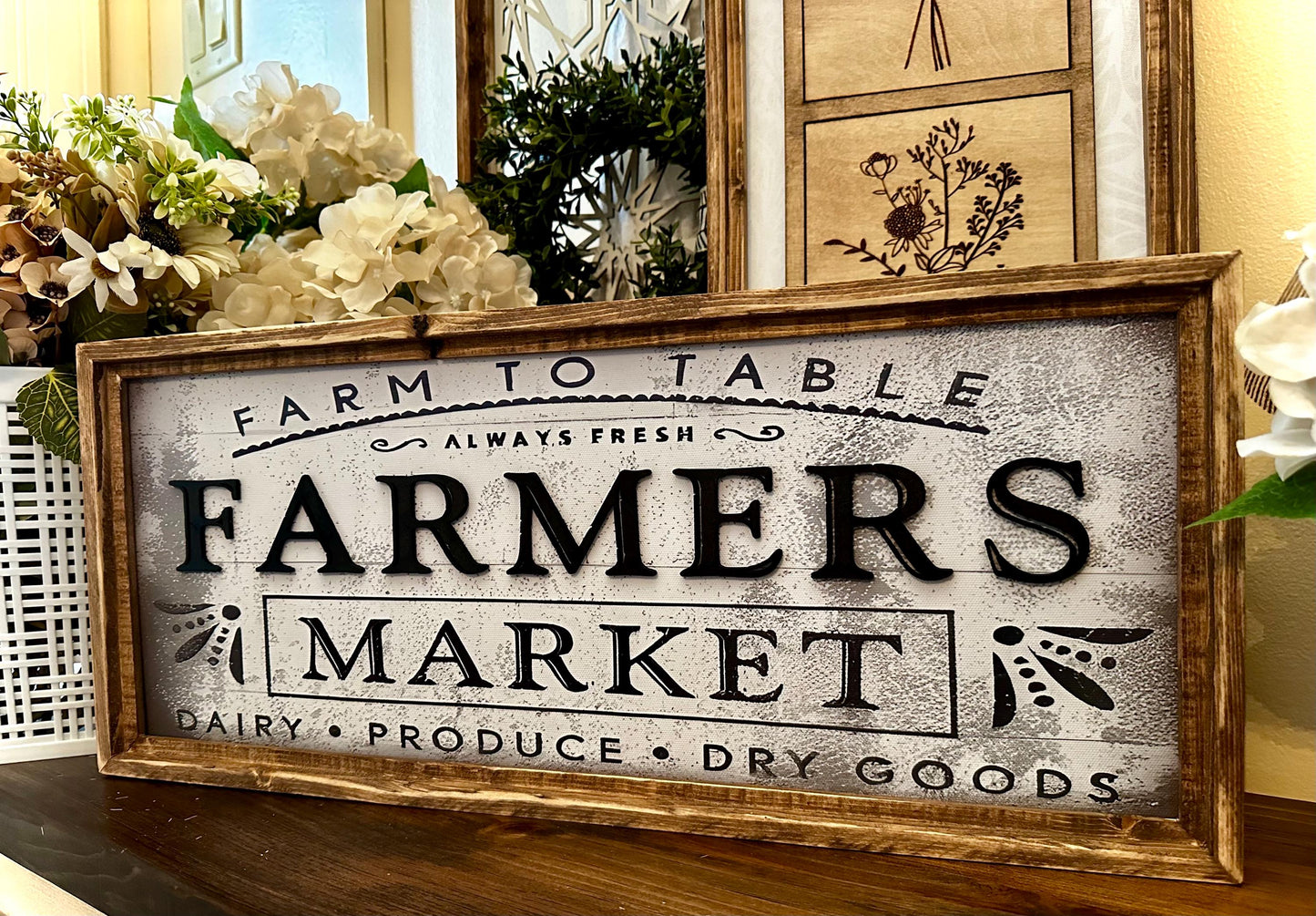 Farmhouse Antique Wood Framed Kitchen Sign | Farmers Market Horizontal Canvas Sign | Country Chic Framed Decor