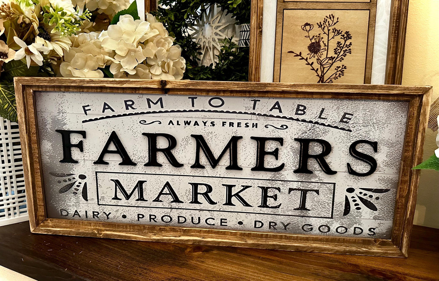 Farmhouse Antique Wood Framed Kitchen Sign | Farmers Market Horizontal Canvas Sign | Country Chic Framed Decor