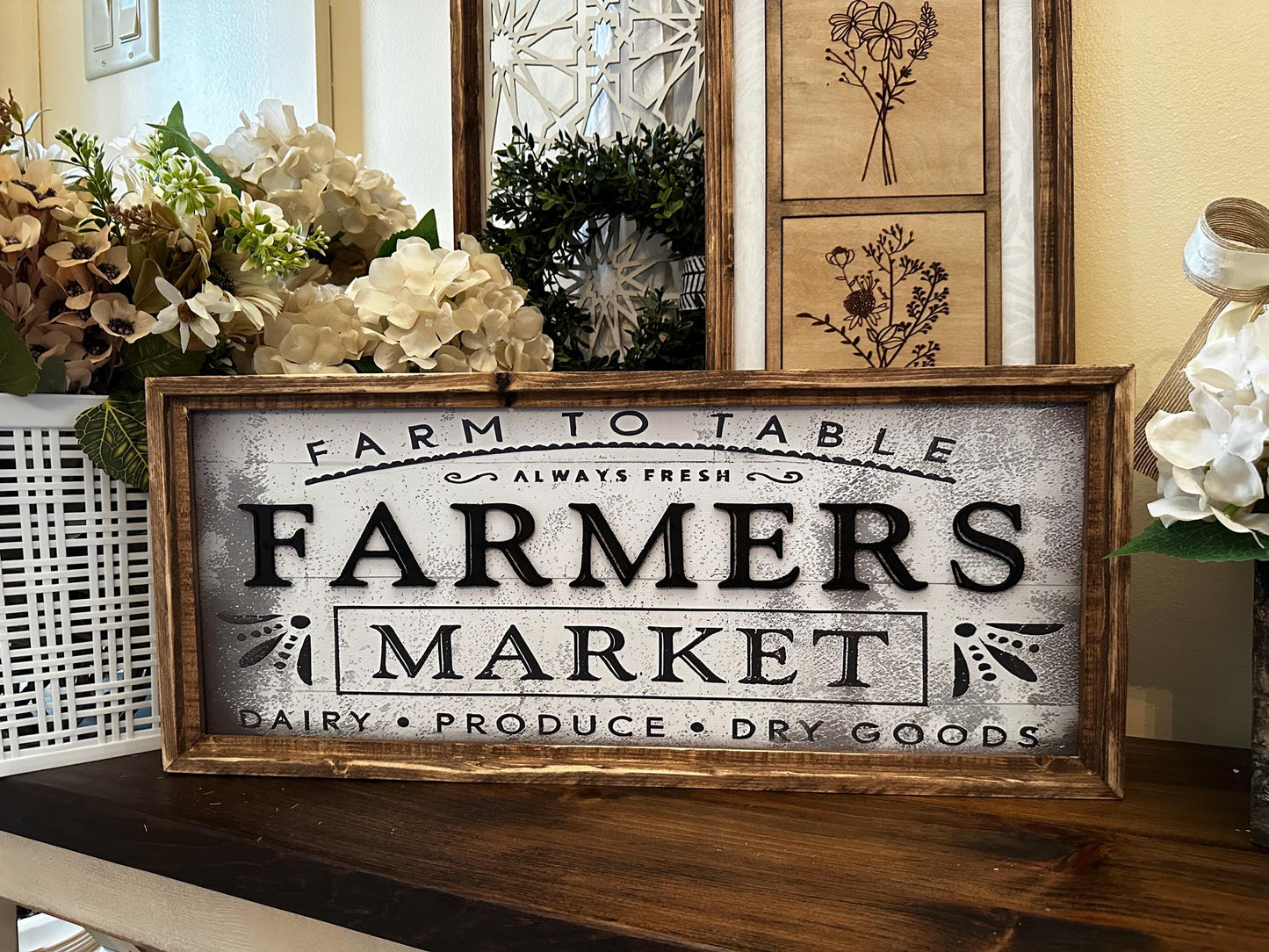 Farmhouse Antique Wood Framed Kitchen Sign | Farmers Market Horizontal Canvas Sign | Country Chic Framed Decor