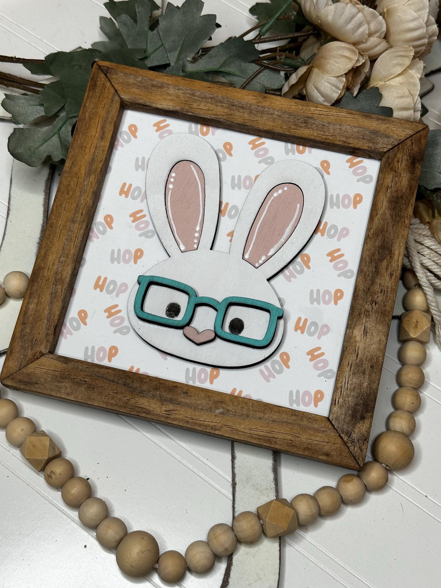 Cute Spring Bunny with Glasses Wood Framed Mini Sign | Easter Spring Shelf Decor | Cute Animal Shelf Sitter
