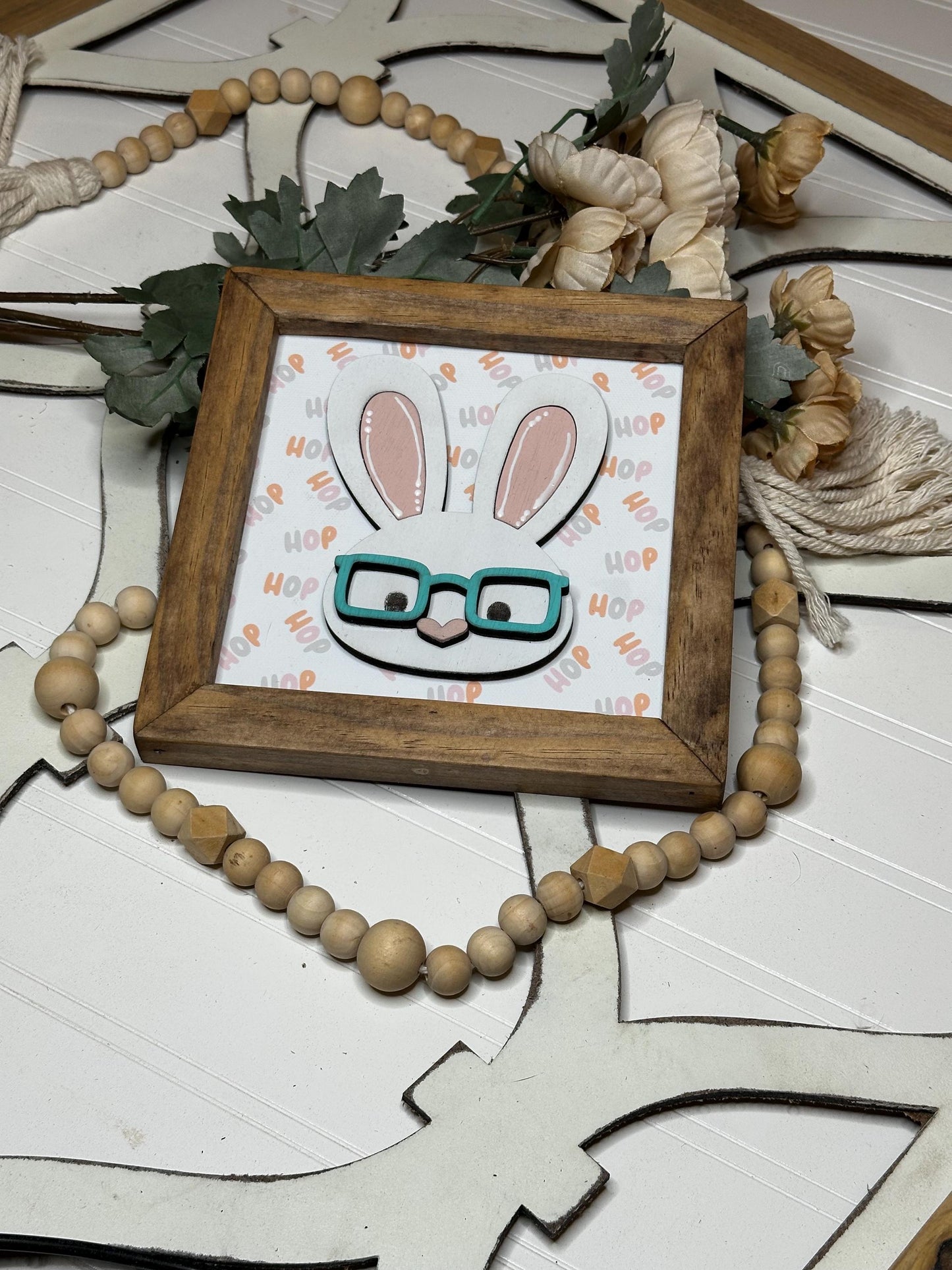 Cute Spring Bunny with Glasses Wood Framed Mini Sign | Easter Spring Shelf Decor | Cute Animal Shelf Sitter