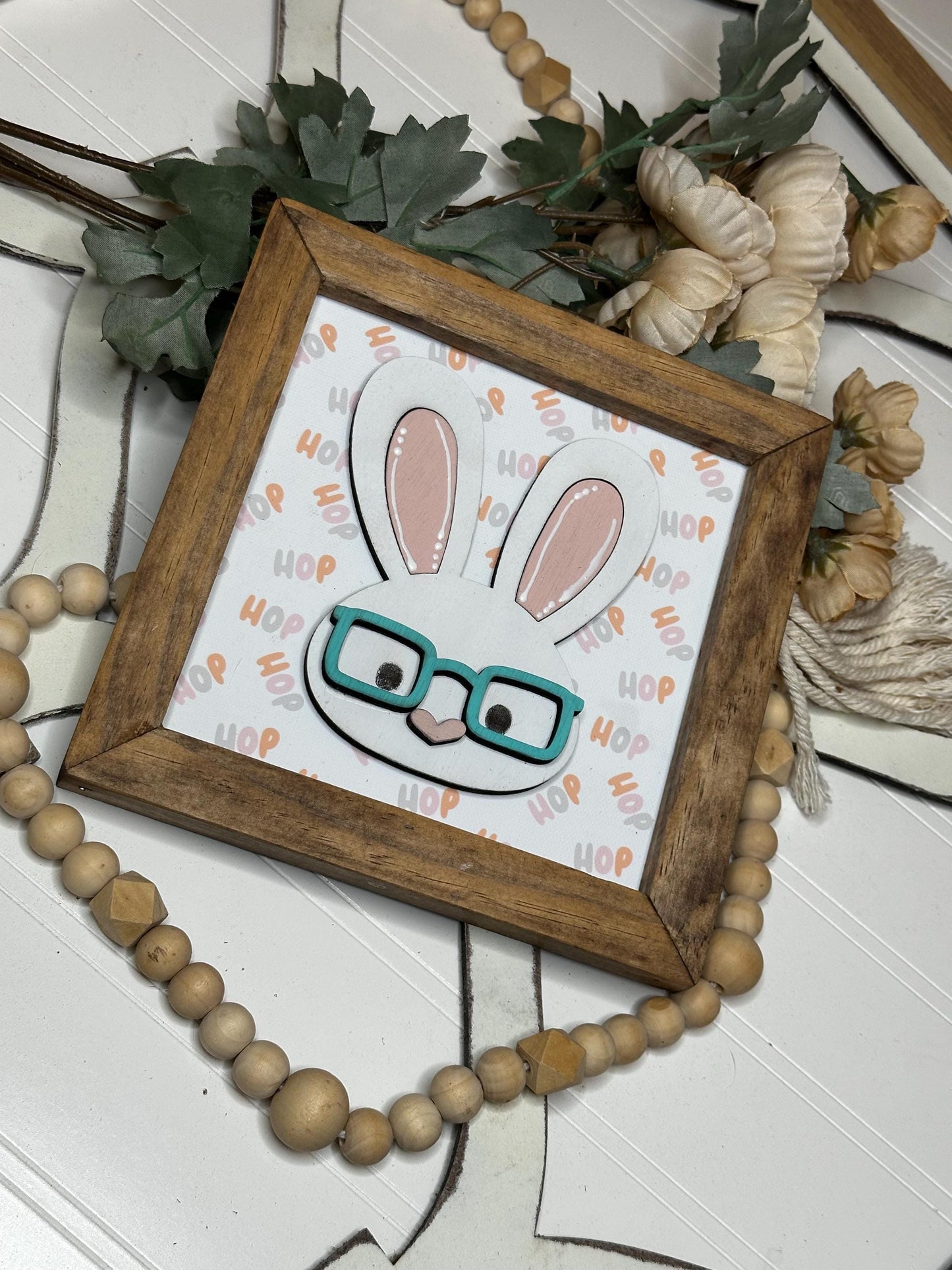 Cute Spring Bunny with Glasses Wood Framed Mini Sign | Easter Spring Shelf Decor | Cute Animal Shelf Sitter