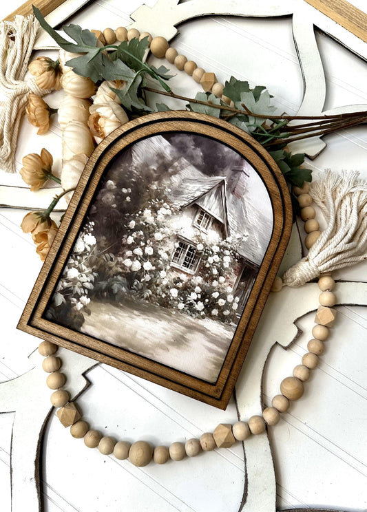 Country Cottage Arch Sign | Wood Framed Mini Framed Canvas Sign | Small home accent