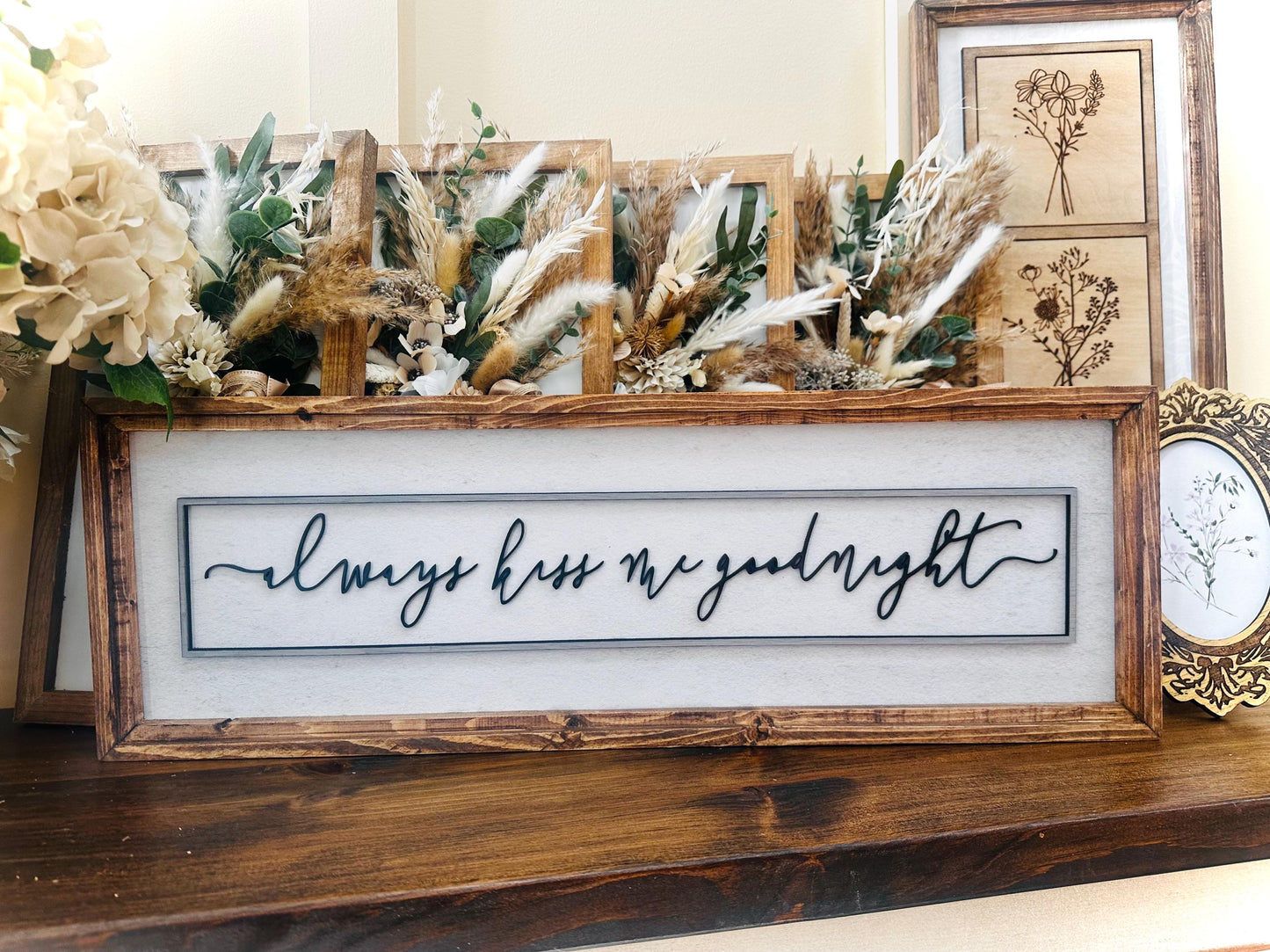 Farmhouse Bedroom Framed Wall art, Always Kiss Me Goodnight Framed Canvas sign, Modern Home Decor