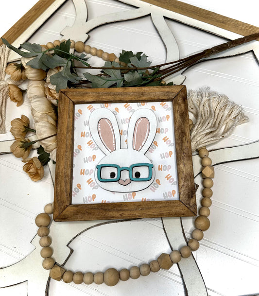 Cute Spring Bunny with Glasses Wood Framed Mini Sign | Easter Spring Shelf Decor | Cute Animal Shelf Sitter