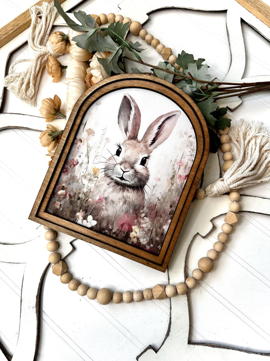 Cute Spring Bunny Arch Tabletop Sign - Wood Framed Canvas art - Easter Bunny Home Accent Decor - Entryway Trendy Easter Decor