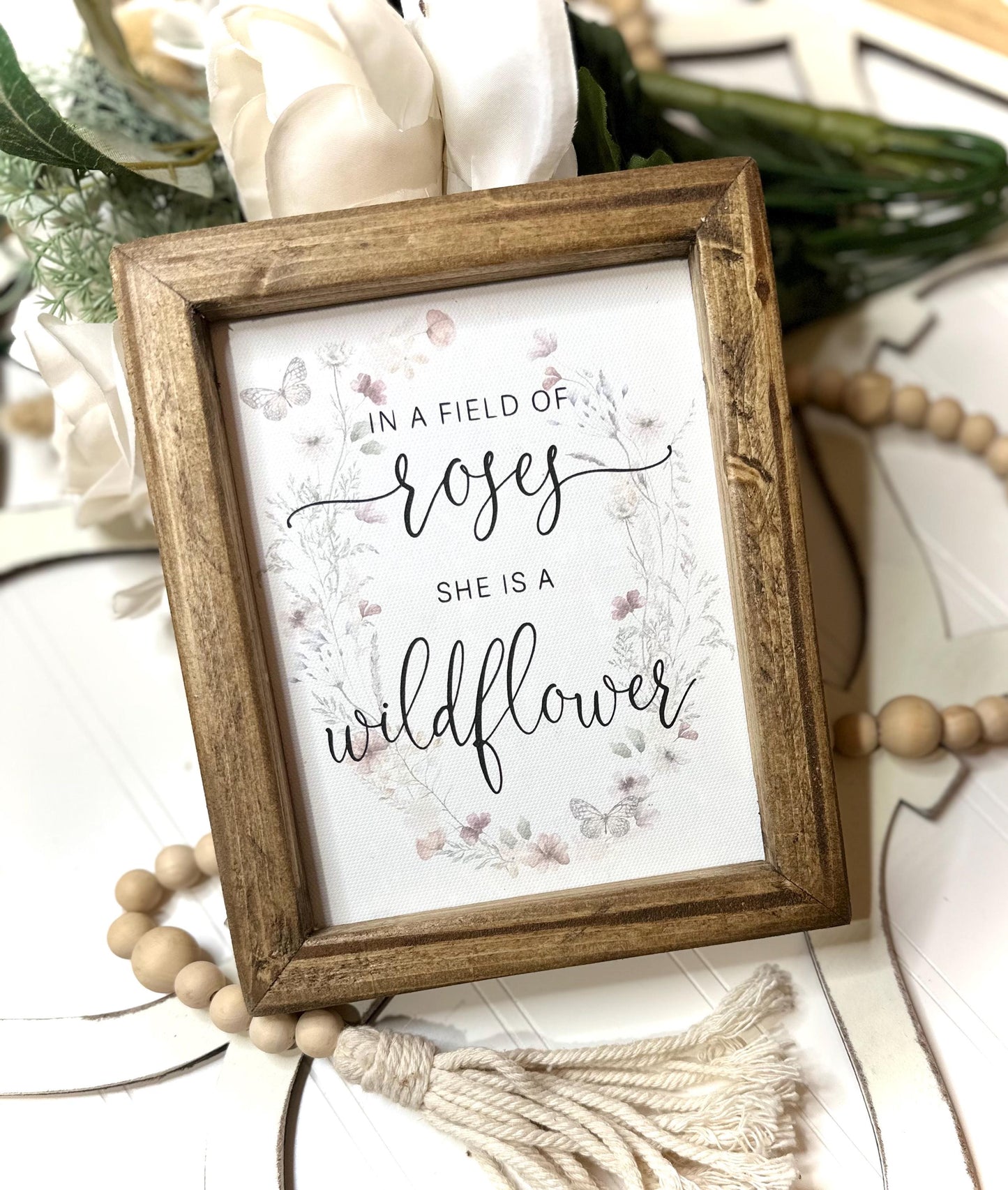 Rustic Wood Framed Wildflower Canvas Sign - Boho Nursery Decor Botanical Art for Girl's Room