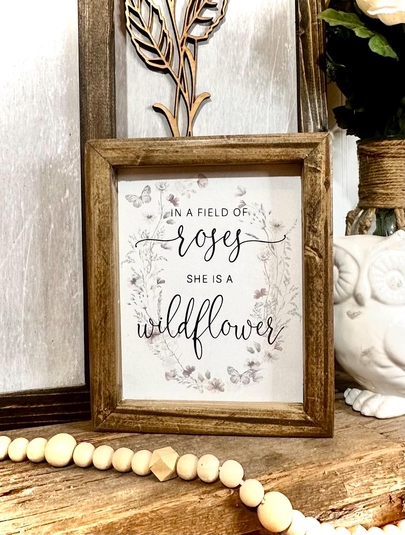 Rustic Wood Framed Wildflower Canvas Sign - Boho Nursery Decor Botanical Art for Girl's Room