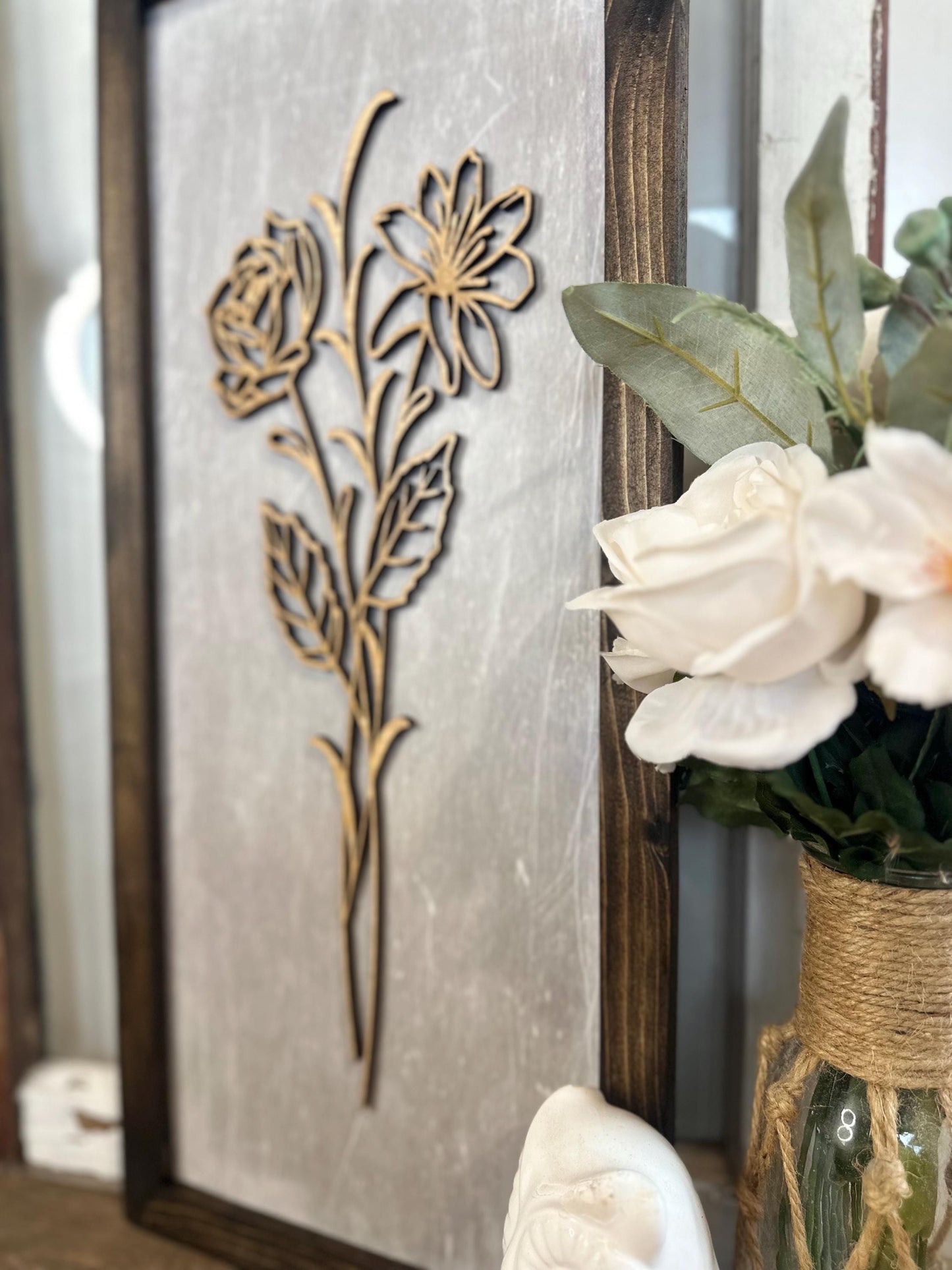wooden 3D boho floral framed wall art modern farmhouse botanical wall decor