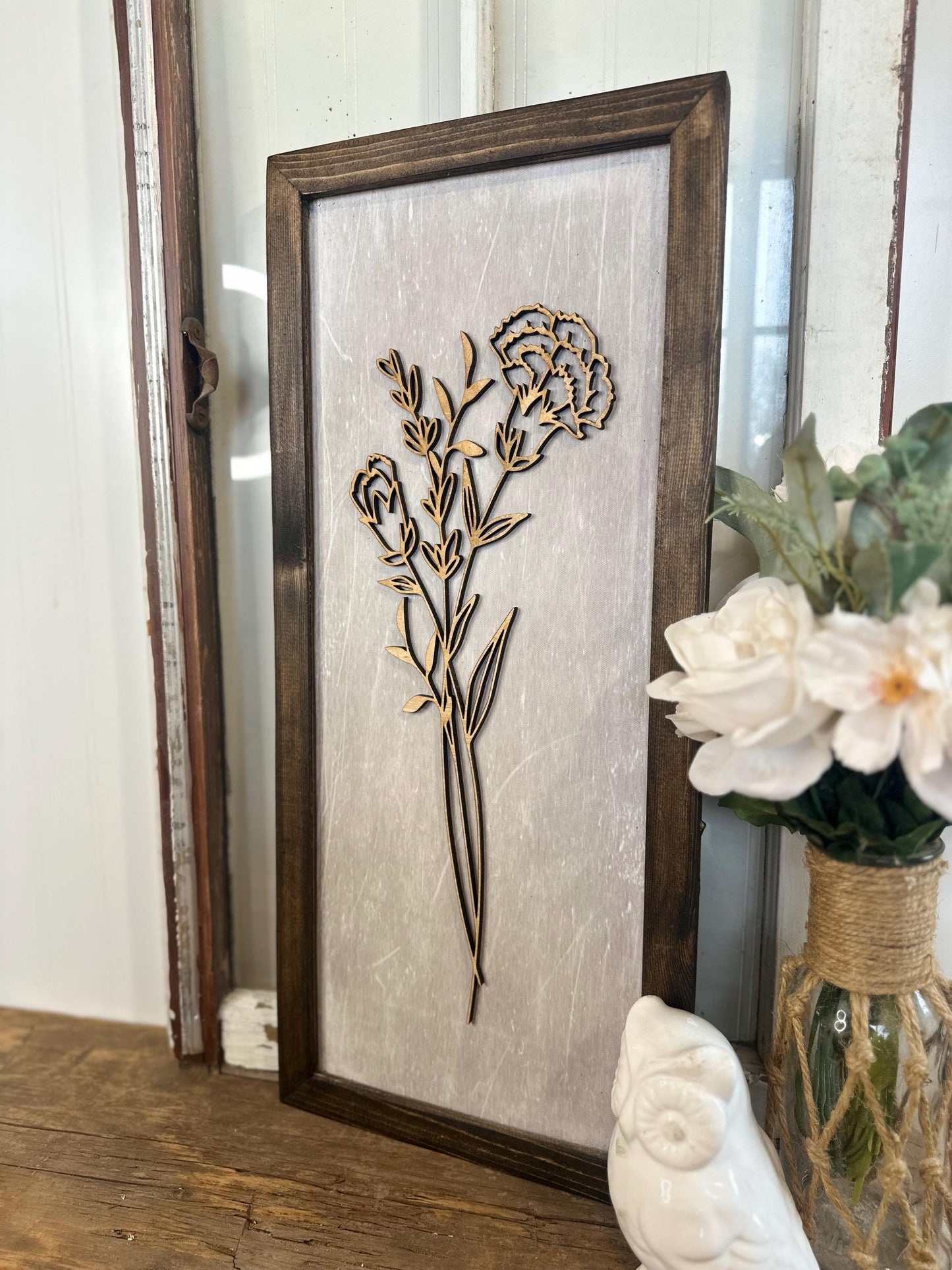 wooden 3D boho floral framed wall art modern farmhouse botanical wall decor