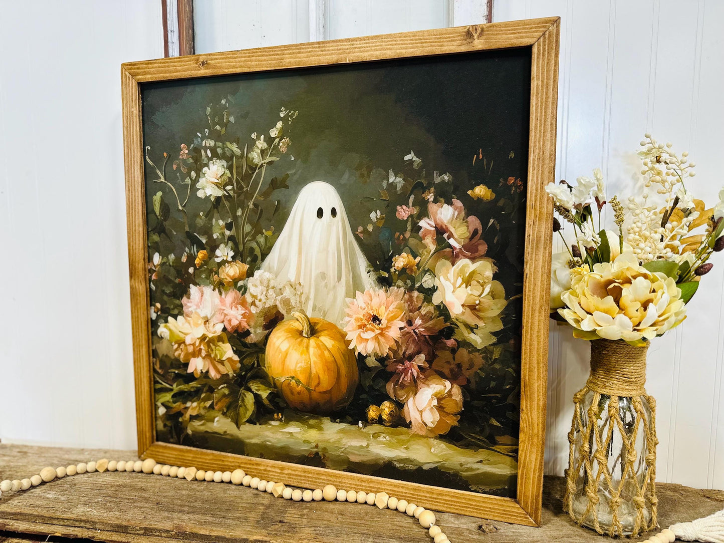 Moody Halloween Ghost Floral Wall Art | Framed Fall Canvas Decor | Rustic Ghost Mantle Print | Boho Farmhouse Halloween Wall Decor