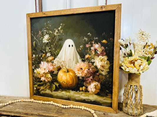 Moody Halloween Ghost Floral Wall Art | Framed Fall Canvas Decor | Rustic Ghost Mantle Print | Boho Farmhouse Halloween Wall Decor