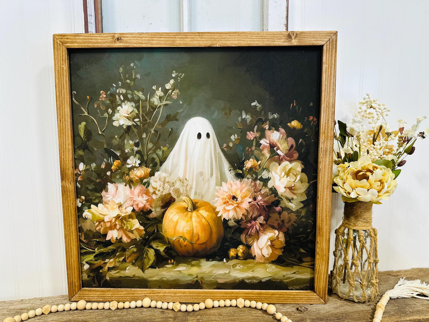 Moody Halloween Ghost Floral Wall Art | Framed Fall Canvas Decor | Rustic Ghost Mantle Print | Boho Farmhouse Halloween Wall Decor