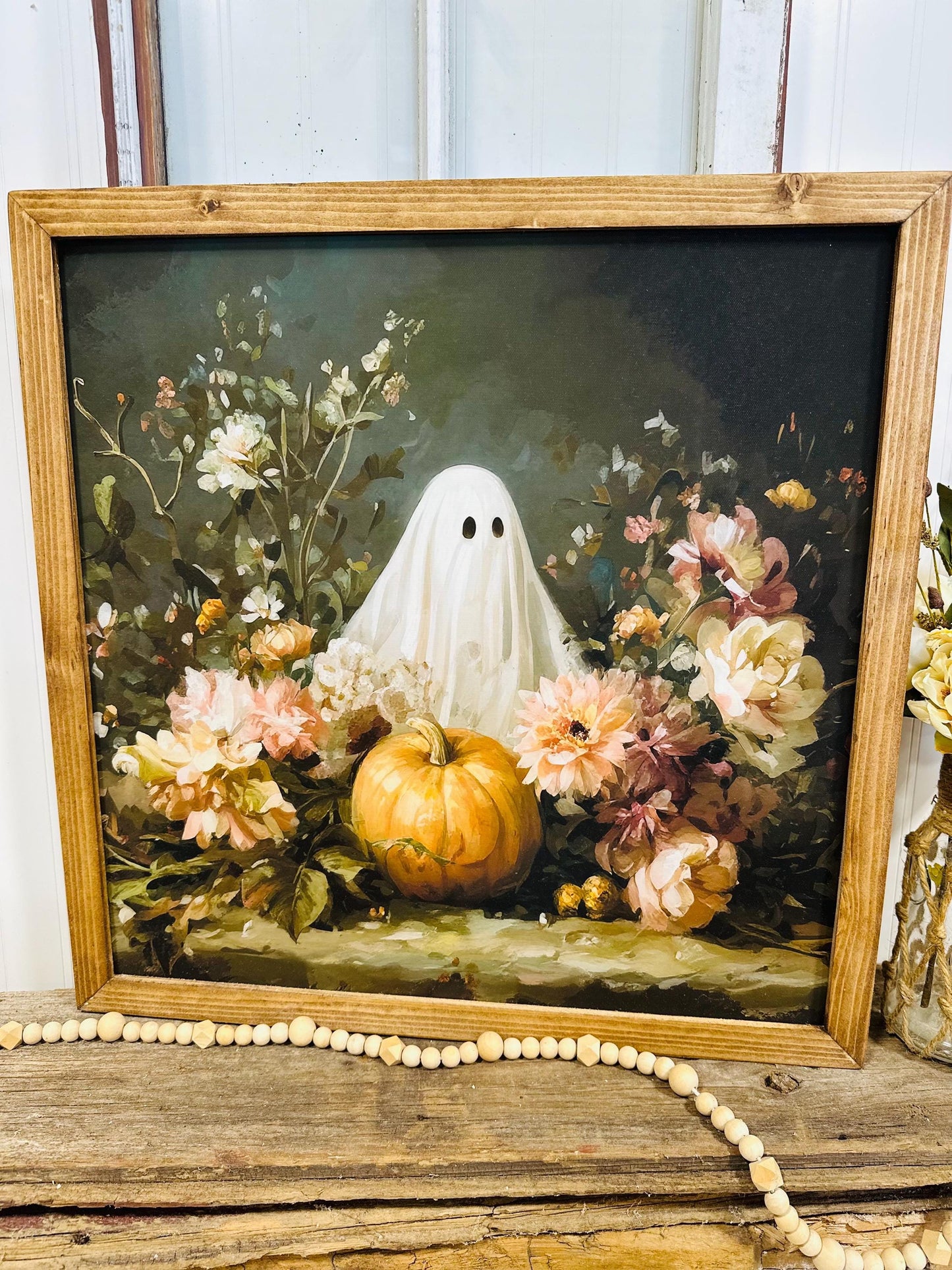 Moody Halloween Ghost Floral Wall Art | Framed Fall Canvas Decor | Rustic Ghost Mantle Print | Boho Farmhouse Halloween Wall Decor