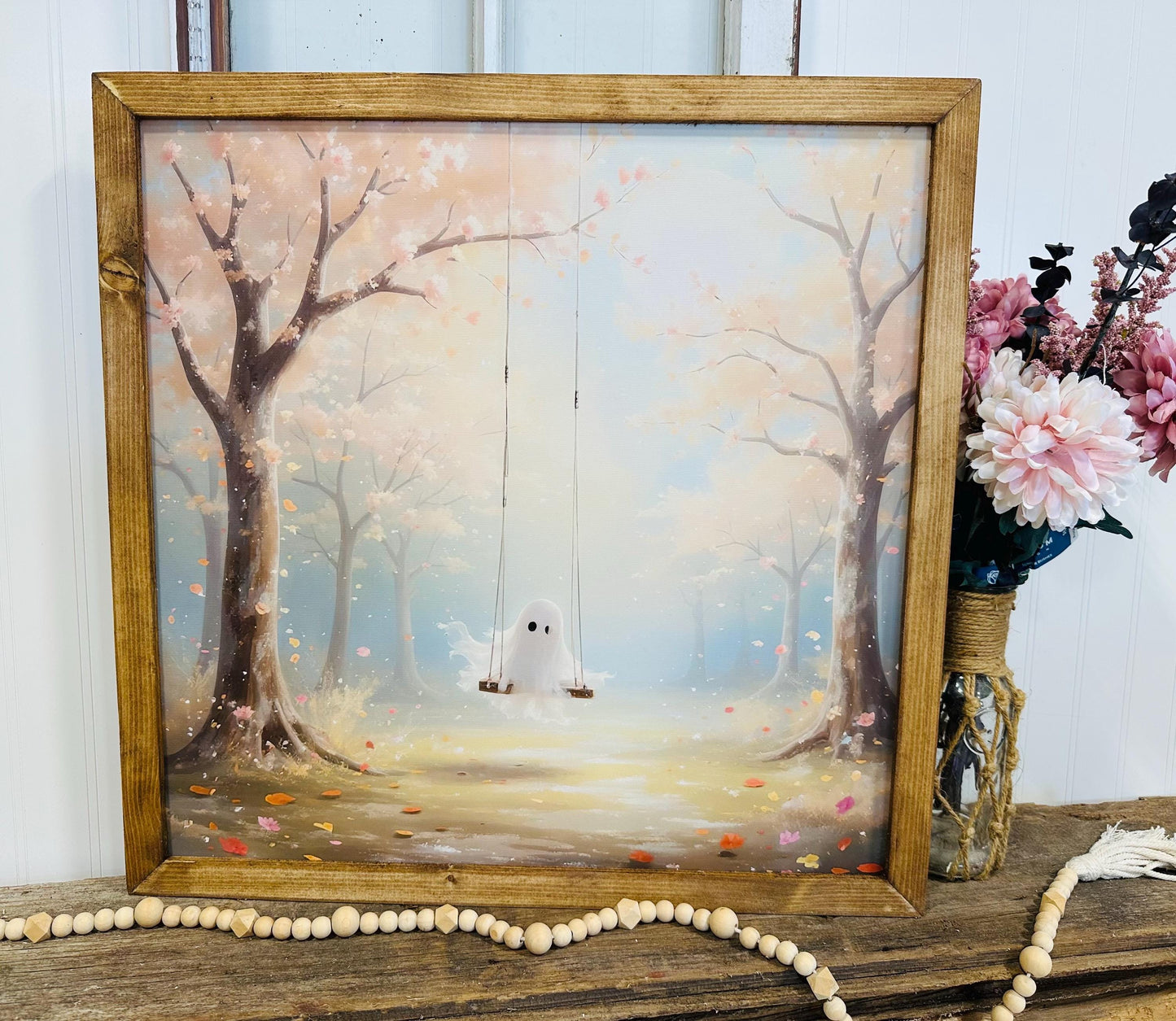 Whimsy Halloween Ghost Canvas Wall Art | Boho Farmhouse Decor | Spooky Season Rustic Wall Decor | Ghost Swing Floral Artwork