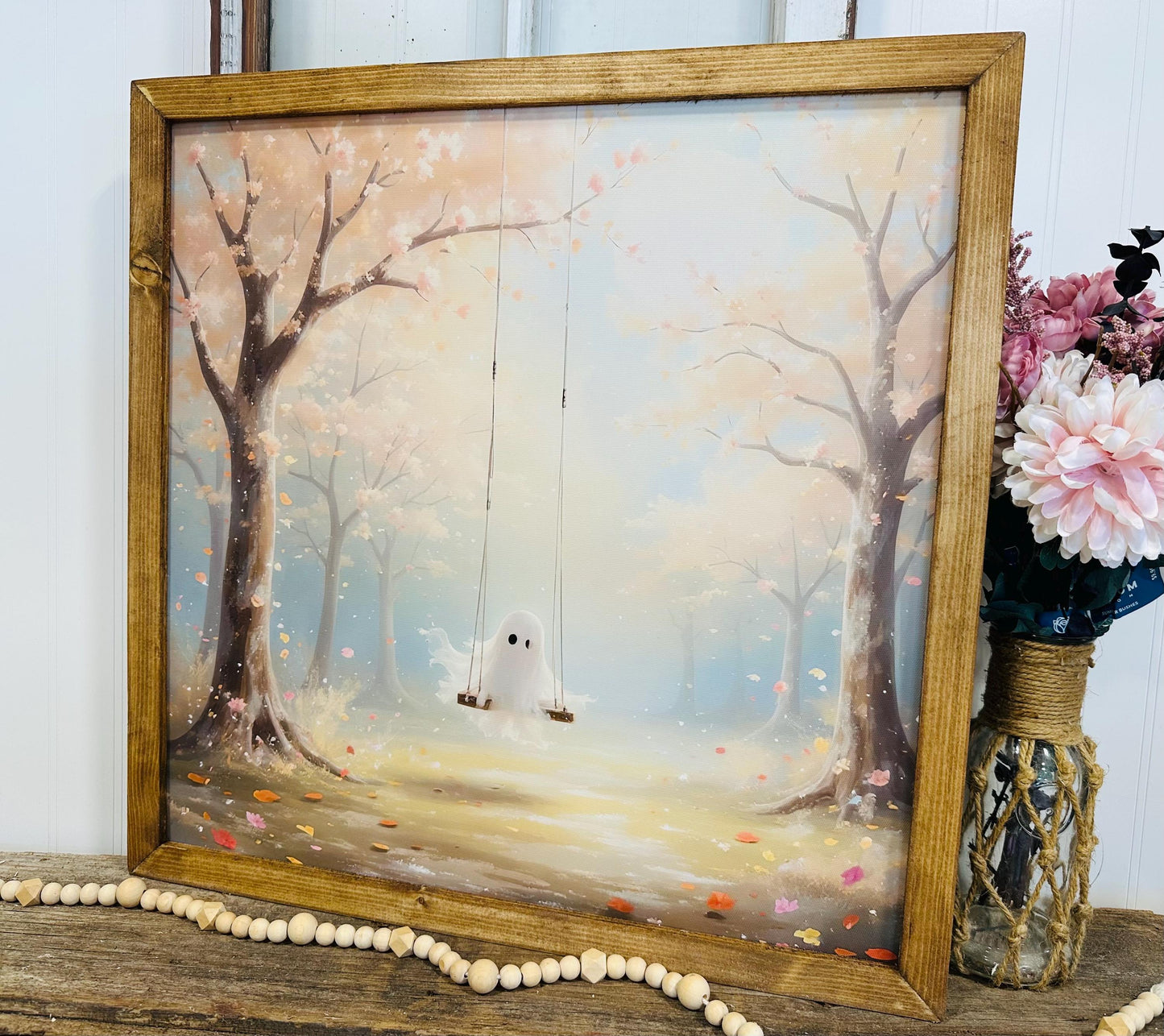 Whimsy Halloween Ghost Canvas Wall Art | Boho Farmhouse Decor | Spooky Season Rustic Wall Decor | Ghost Swing Floral Artwork