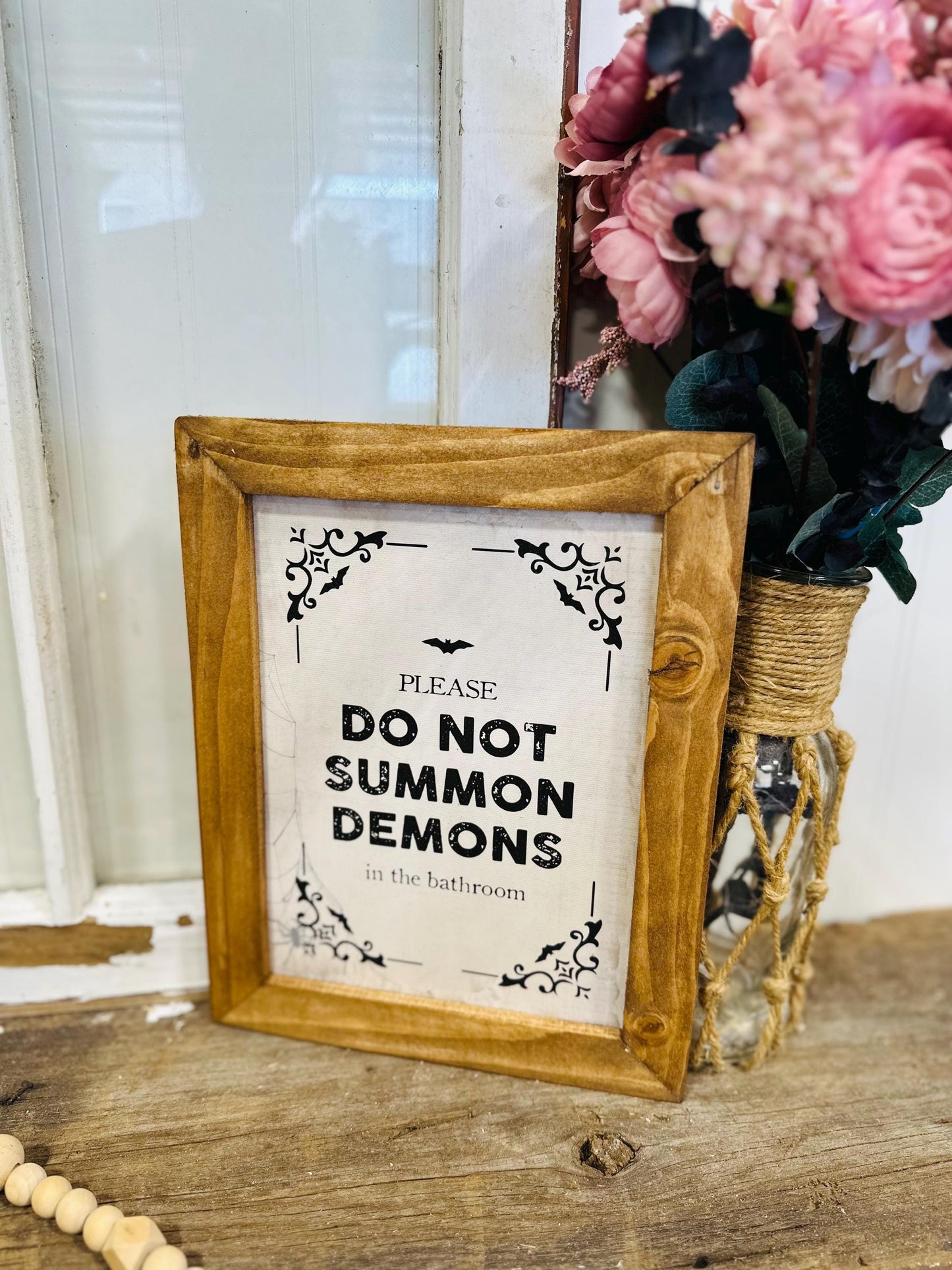 Funny Halloween Bathroom Decor, Don't Summon Demons Canvas Framed Wall Art, Farmhouse Halloween Sign, Spooky Bathroom Wall Decor