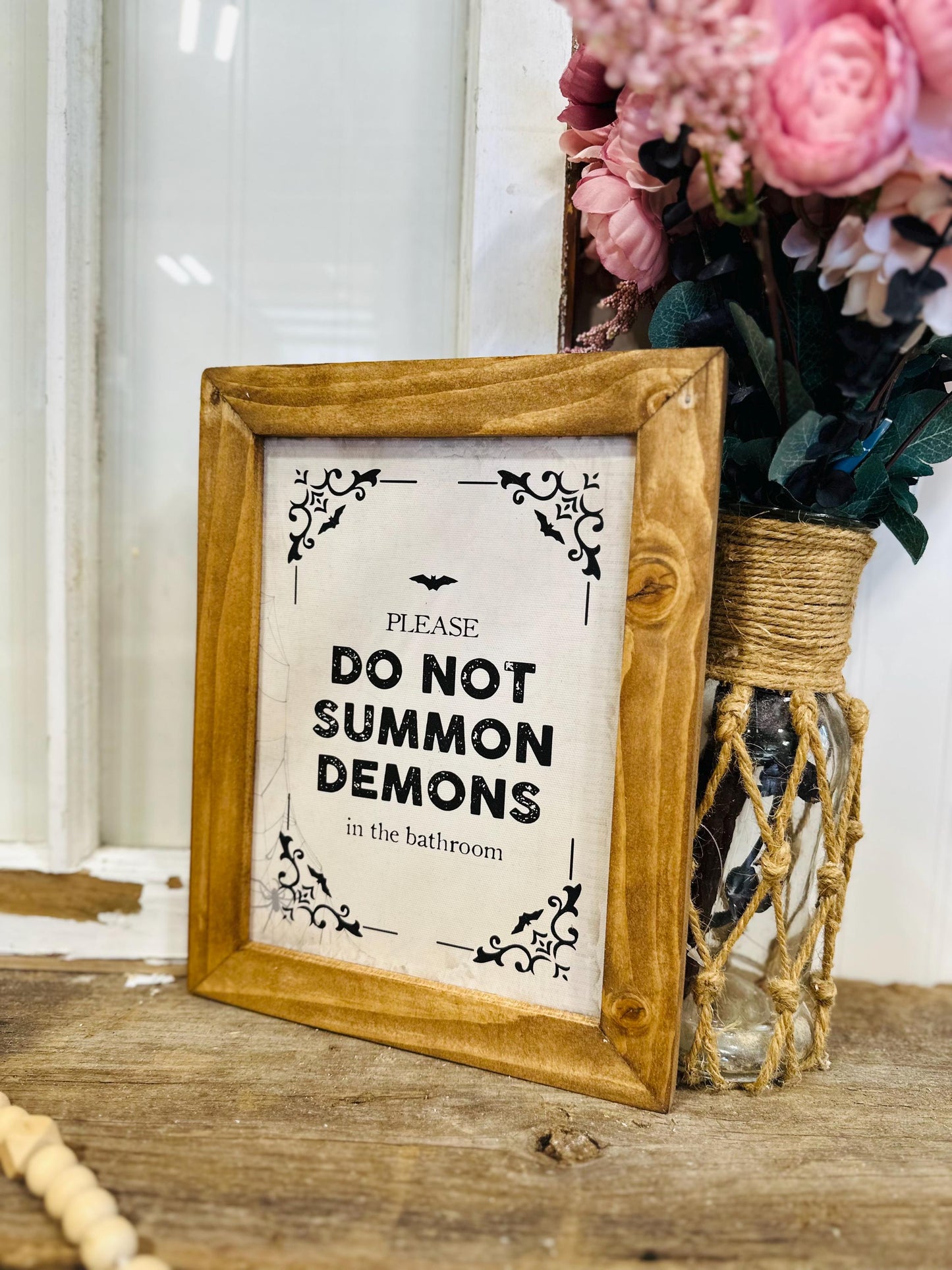 Funny Halloween Bathroom Decor, Don't Summon Demons Canvas Framed Wall Art, Farmhouse Halloween Sign, Spooky Bathroom Wall Decor