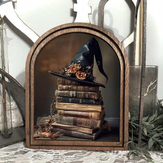 Moody Halloween Witch Hat Canvas Wall Art - Framed Spell Books Print for Spooky Home Decor, Witch Lover Gift