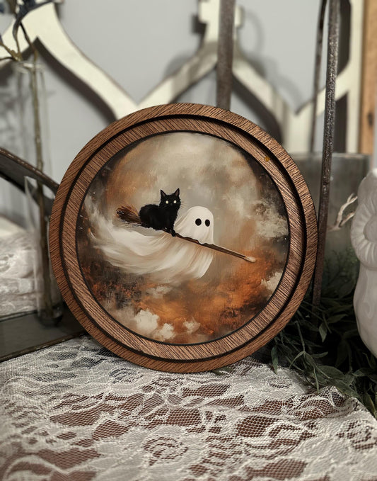Halloween Mini Round Sign – Ghost & Black Cat Moody Decor for Spooky Home, Trick or Treat Party, Halloween Gift