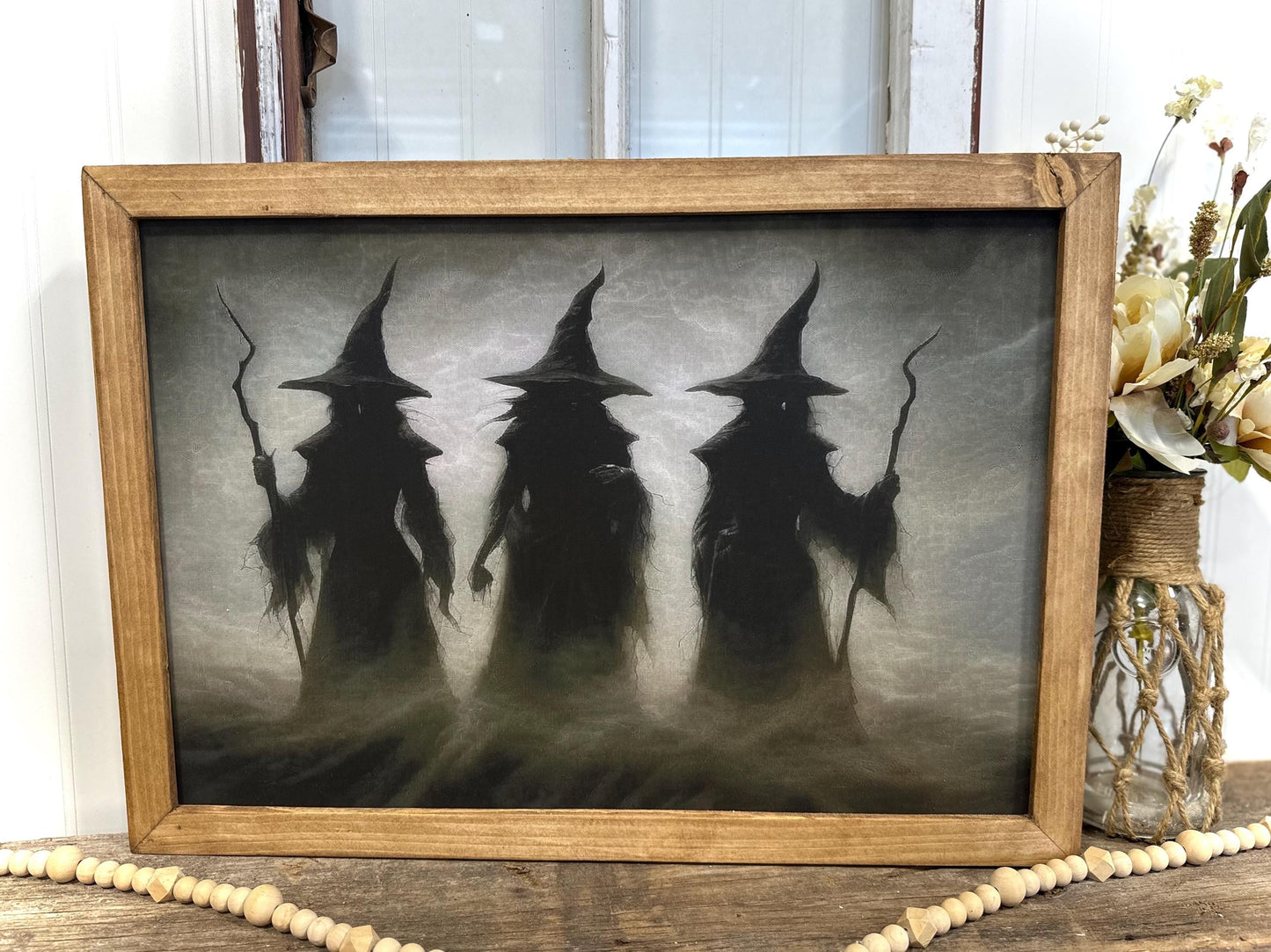 Misty Trio Witch Halloween Canvas Wall Art | Spooky Fall Farmhouse Decor | Framed Witch Print for Holiday and Mantle Display