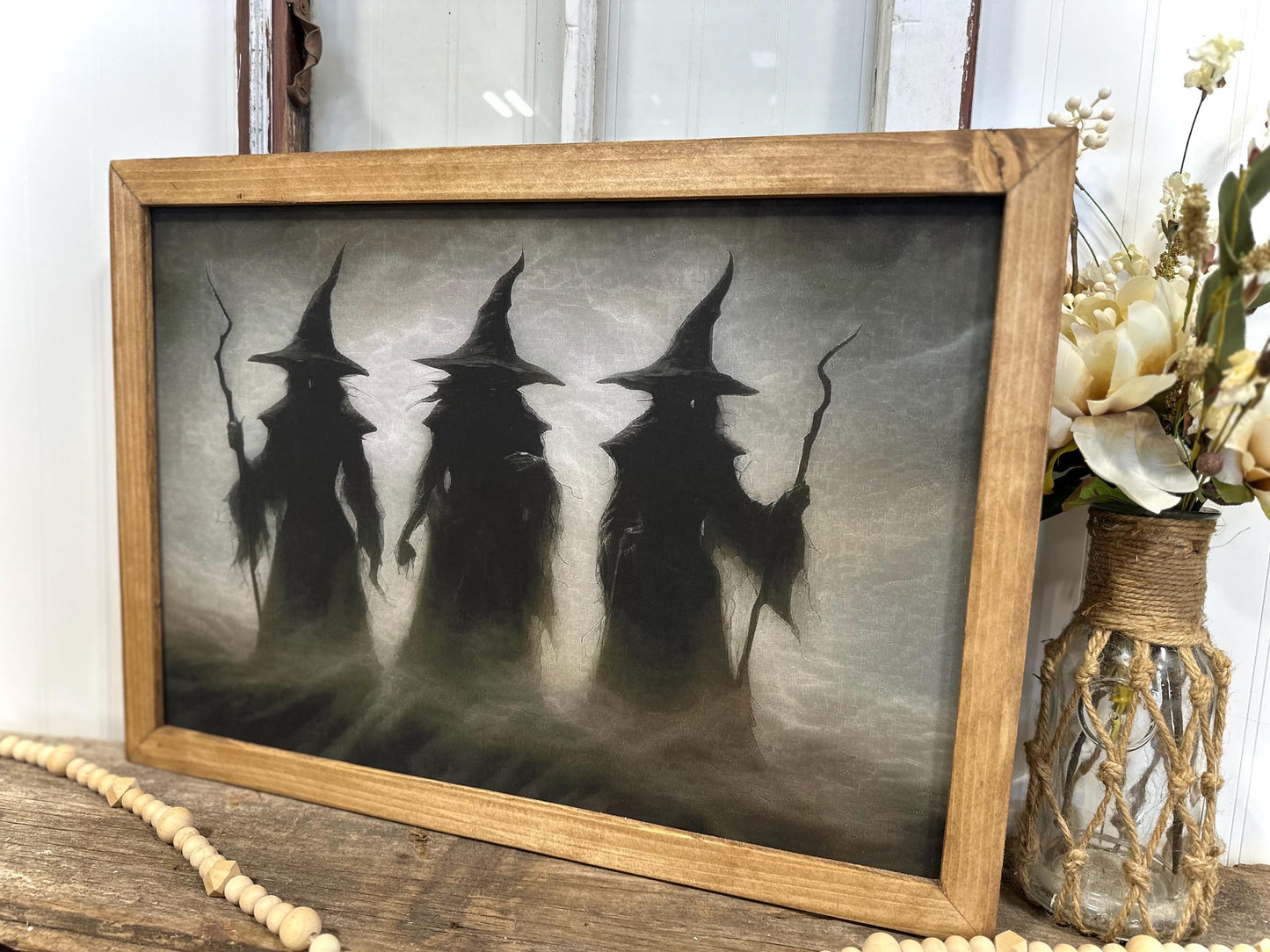 Misty Trio Witch Halloween Canvas Wall Art | Spooky Fall Farmhouse Decor | Framed Witch Print for Holiday and Mantle Display