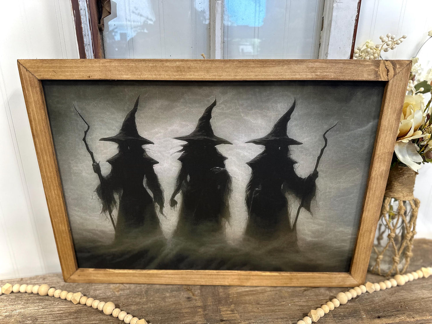 Misty Trio Witch Halloween Canvas Wall Art | Spooky Fall Farmhouse Decor | Framed Witch Print for Holiday and Mantle Display