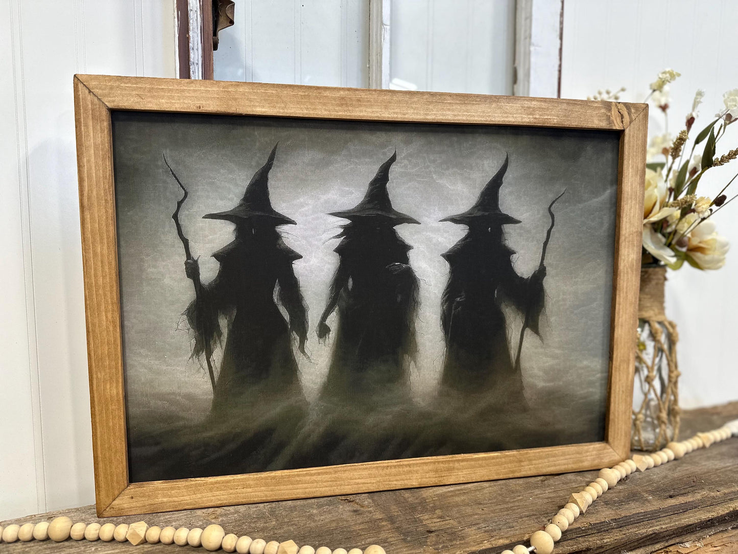 Misty Trio Witch Halloween Canvas Wall Art | Spooky Fall Farmhouse Decor | Framed Witch Print for Holiday and Mantle Display