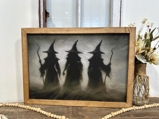 Misty Trio Witch Halloween Canvas Wall Art | Spooky Fall Farmhouse Decor | Framed Witch Print for Holiday and Mantle Display