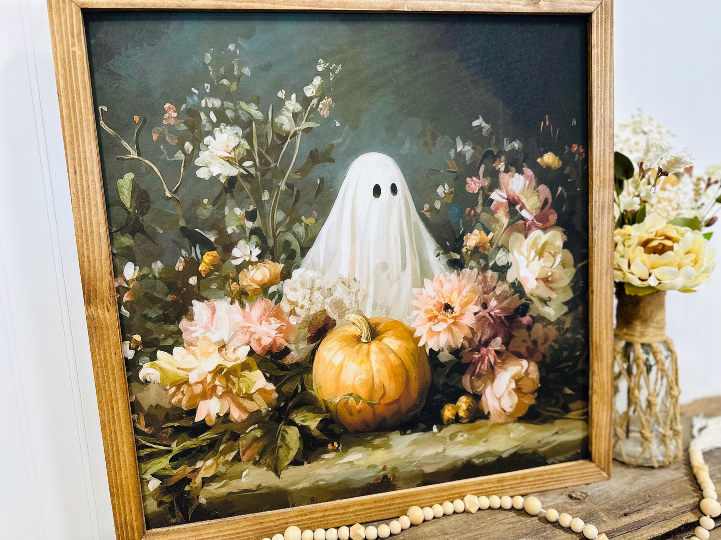 Moody Halloween Ghost Floral Wall Art | Framed Fall Canvas Decor | Rustic Ghost Mantle Print | Boho Farmhouse Halloween Wall Decor