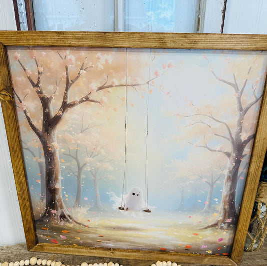Whimsy Halloween Ghost Canvas Wall Art | Boho Farmhouse Decor | Spooky Season Rustic Wall Decor | Ghost Swing Floral Artwork