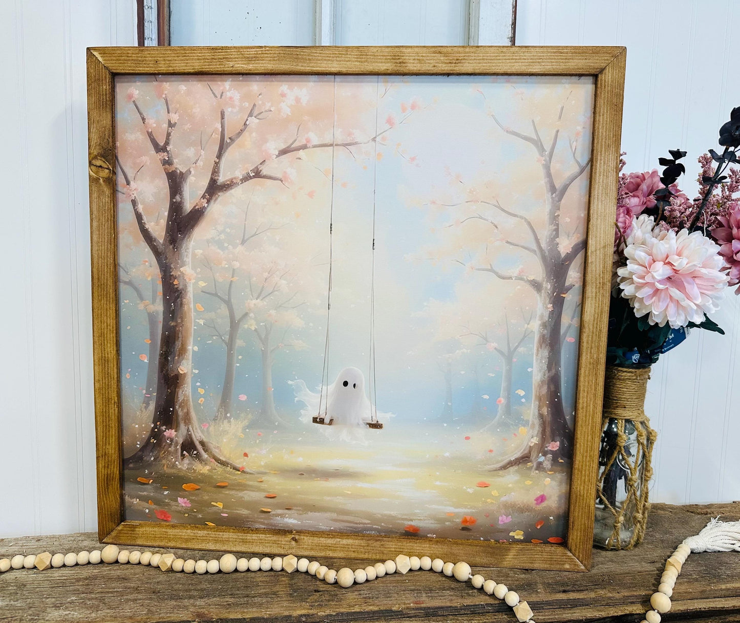 Whimsy Halloween Ghost Canvas Wall Art | Boho Farmhouse Decor | Spooky Season Rustic Wall Decor | Ghost Swing Floral Artwork