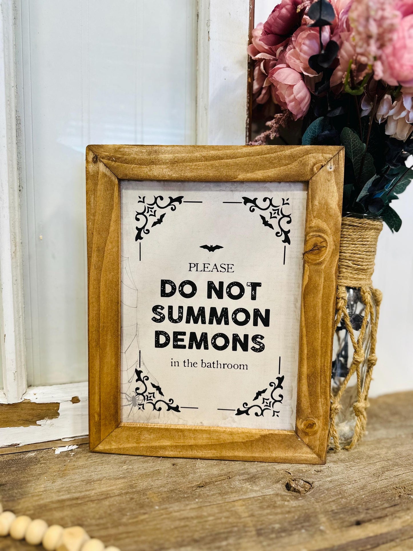 Funny Halloween Bathroom Decor, Don't Summon Demons Canvas Framed Wall Art, Farmhouse Halloween Sign, Spooky Bathroom Wall Decor
