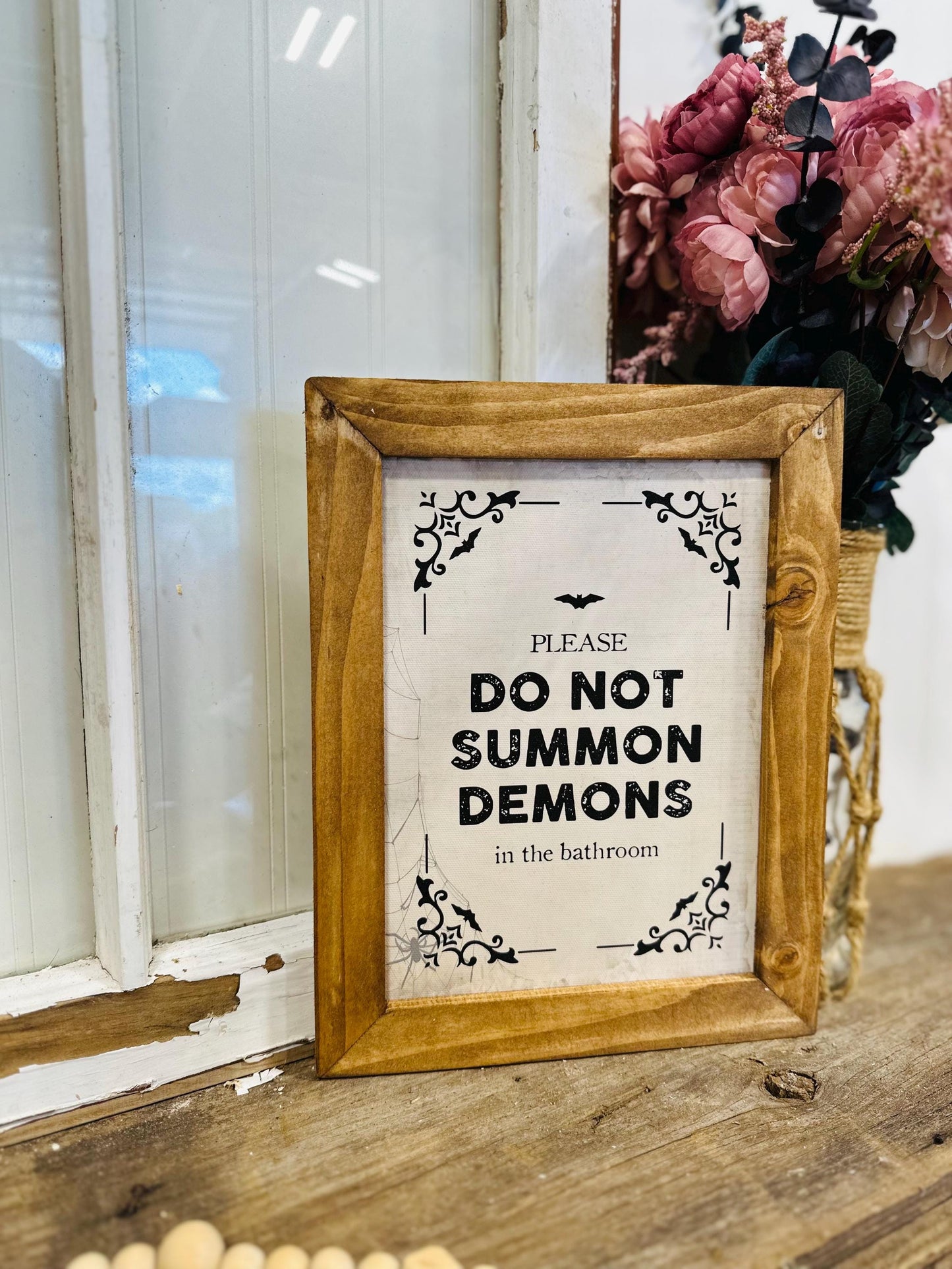 Funny Halloween Bathroom Decor, Don't Summon Demons Canvas Framed Wall Art, Farmhouse Halloween Sign, Spooky Bathroom Wall Decor