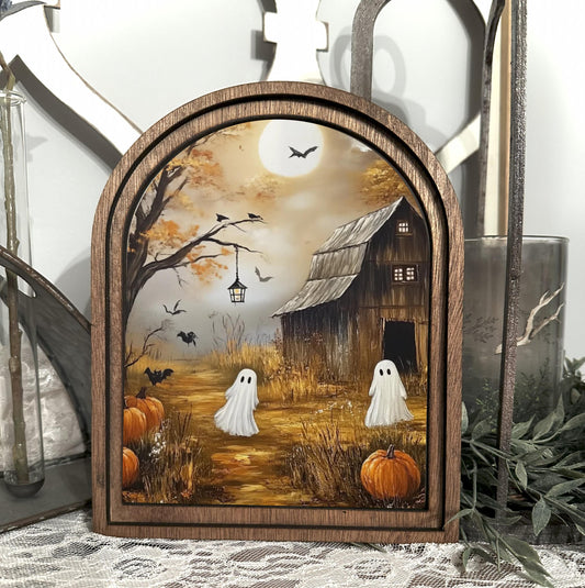 Rustic Halloween Wood Framed Arch Ghost Mini Sign - Spooky Cute Table Top Fall Decor