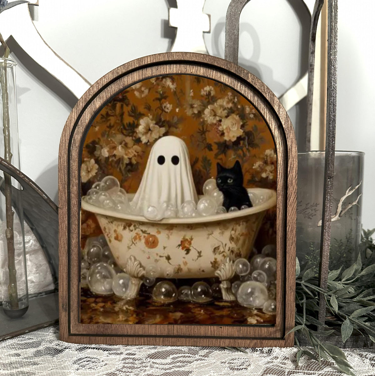 Cute Halloween bathroom framed arch home decor, ghost and cat bathtub framed wall art