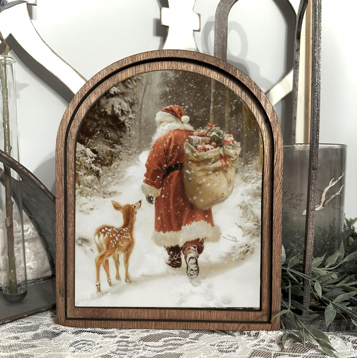 Santa and Reindeer framed art decor mini holiday table top arch sign, entryway Christmas decor