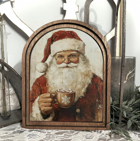 Santa hot cocoa bar Christmas sign, rustic arched wood framed canvas art, Christmas coffee bar decor