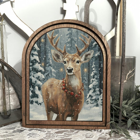 Christmas Art Print, Festive Holiday table top entry decor, Arched wood frame, Holiday gift Idea, Festive Christmas wall hanging,