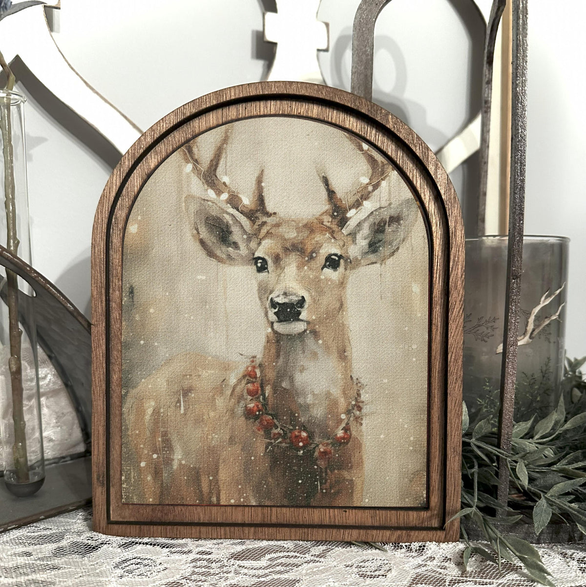 Christmas Art Print, Festive Holiday table top entry decor, Arched wood frame, Holiday gift Idea, Festive Christmas wall hanging,