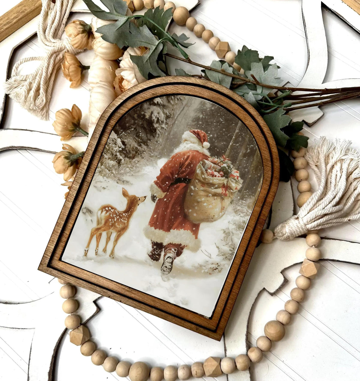 Santa and Reindeer framed art decor mini holiday table top arch sign, entryway Christmas decor