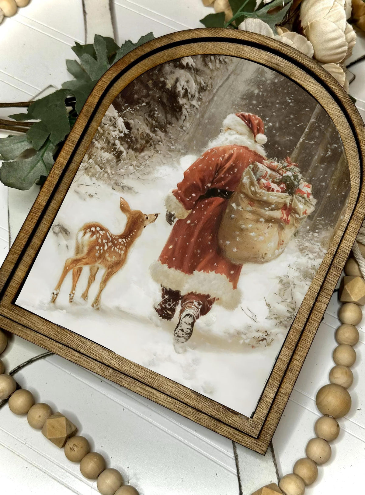 Santa and Reindeer framed art decor mini holiday table top arch sign, entryway Christmas decor