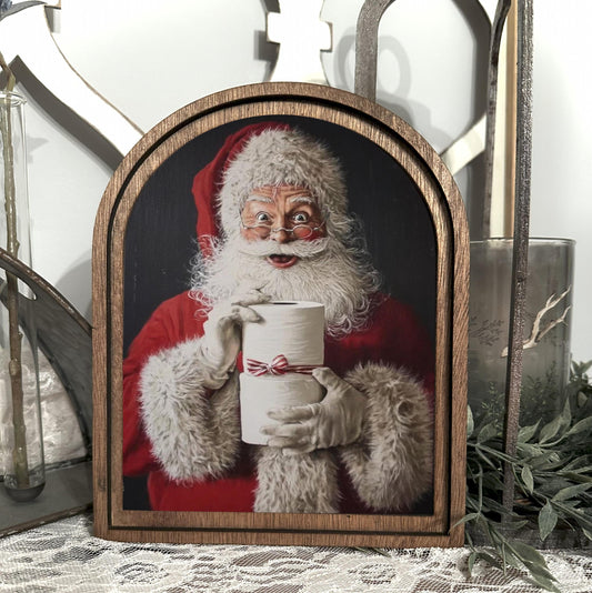 Funny Christmas Bathroom Shelf Wood Framed Mini Sign | Festive Canvas Washroom Art | Holiday Wall Decor with Santa Scene |