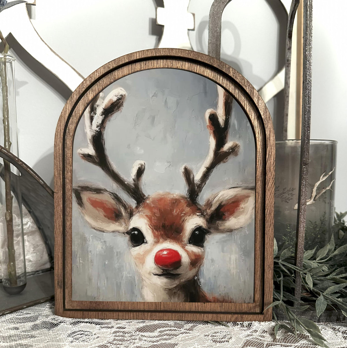 Rudolph framed art decor mini holiday table top arch sign, entryway Christmas decor
