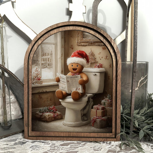 Funny Christmas Bathroom Shelf Wood Framed Mini Sign | Festive Canvas Washroom Art | Gingerbread Holiday Wall Decor