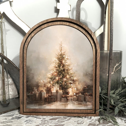 Festive wood framed holiday canvas Art Print, wood Christmas tabletop sign
